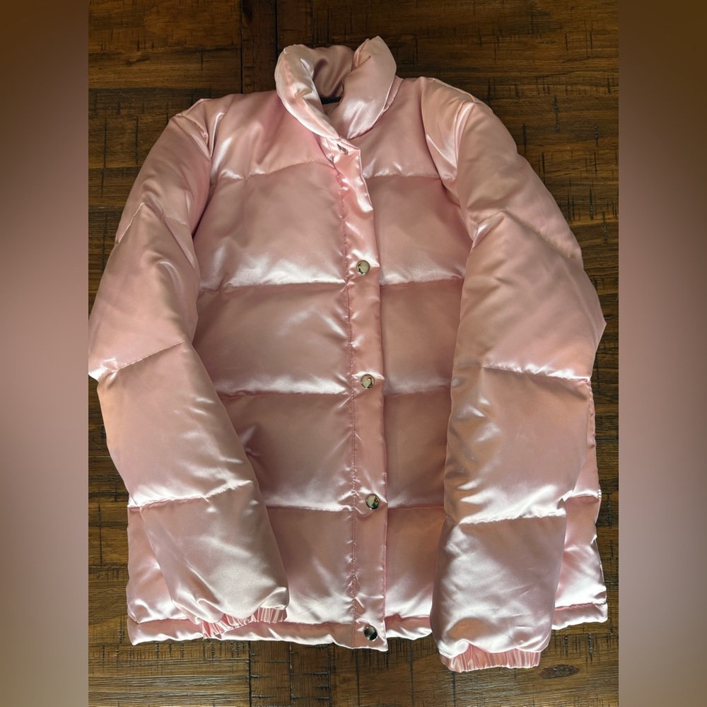 Vintage Hugo Buscati Pink Satin Puffer Jacket Y2K Quilted Coat Size M